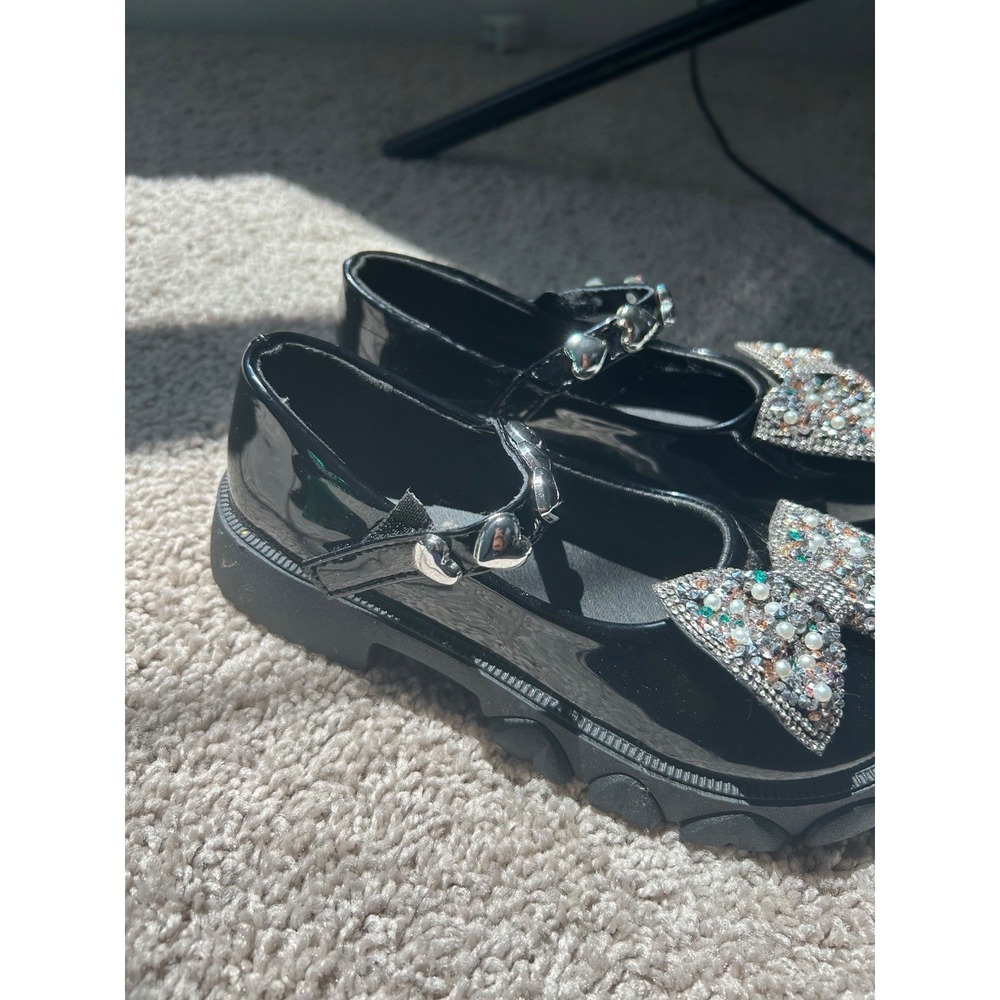 Girls Black Patent Mary Jane Shoes Bow Rhinestone Dress Shoes Size 13 Kids - Picture 4 of 7